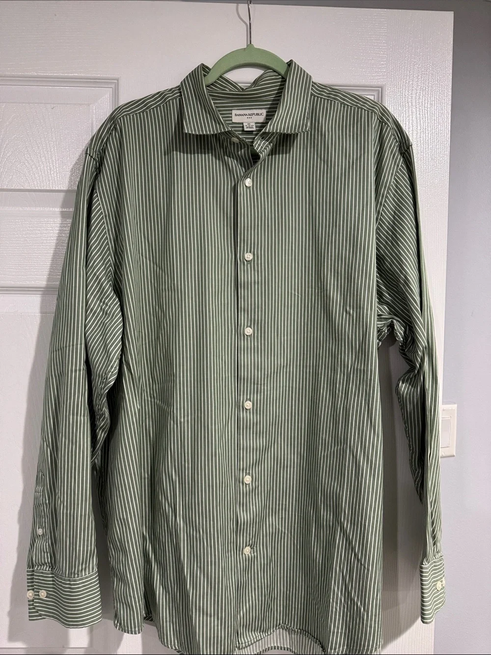Banana Republic Olive Green Vertical-Stripe Dress Shirt